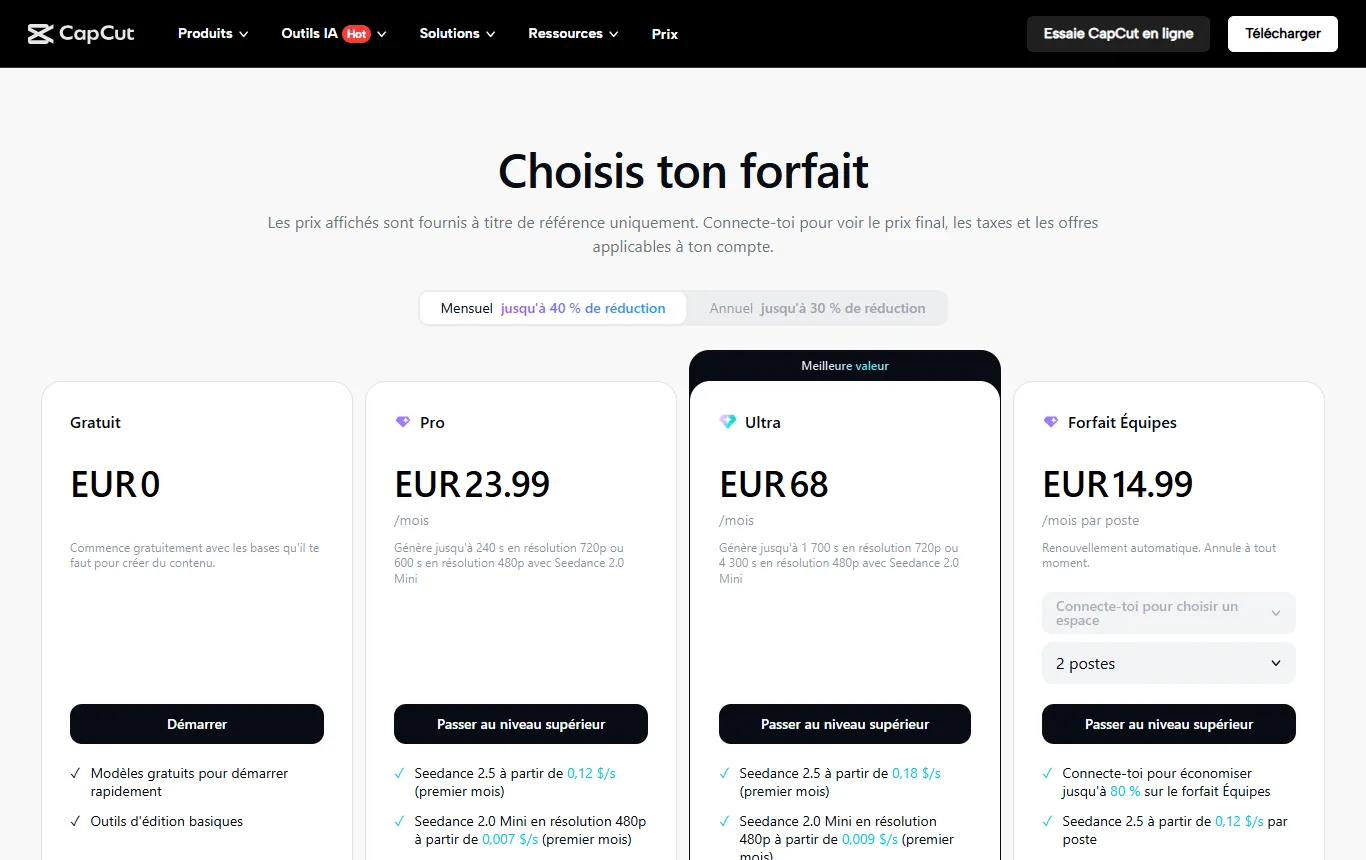 Capture de capcut.com : page des formules CapCut, datée
