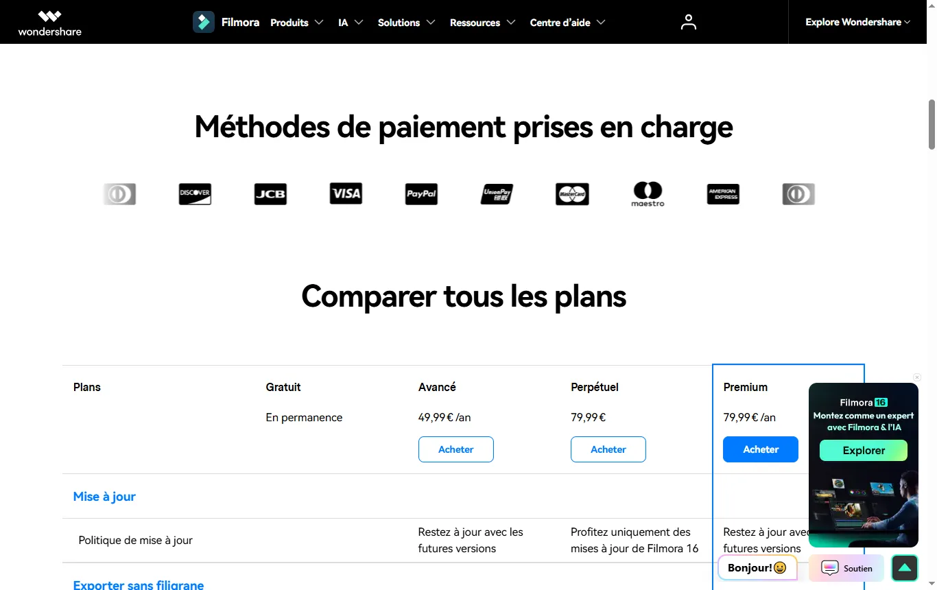 Capture de filmora.wondershare.fr : page tarifs, tableau comparatif « Free Forever » et formules payantes