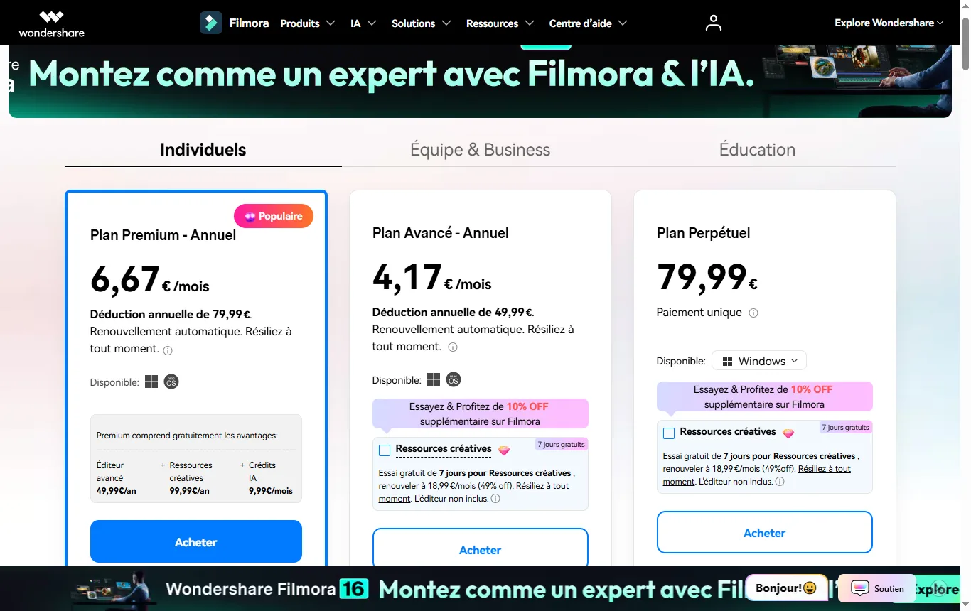 Capture de filmora.wondershare.fr : page de téléchargement ou d'achat