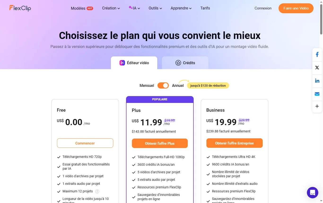 Capture de flexclip.com : page tarifs, partie gratuite