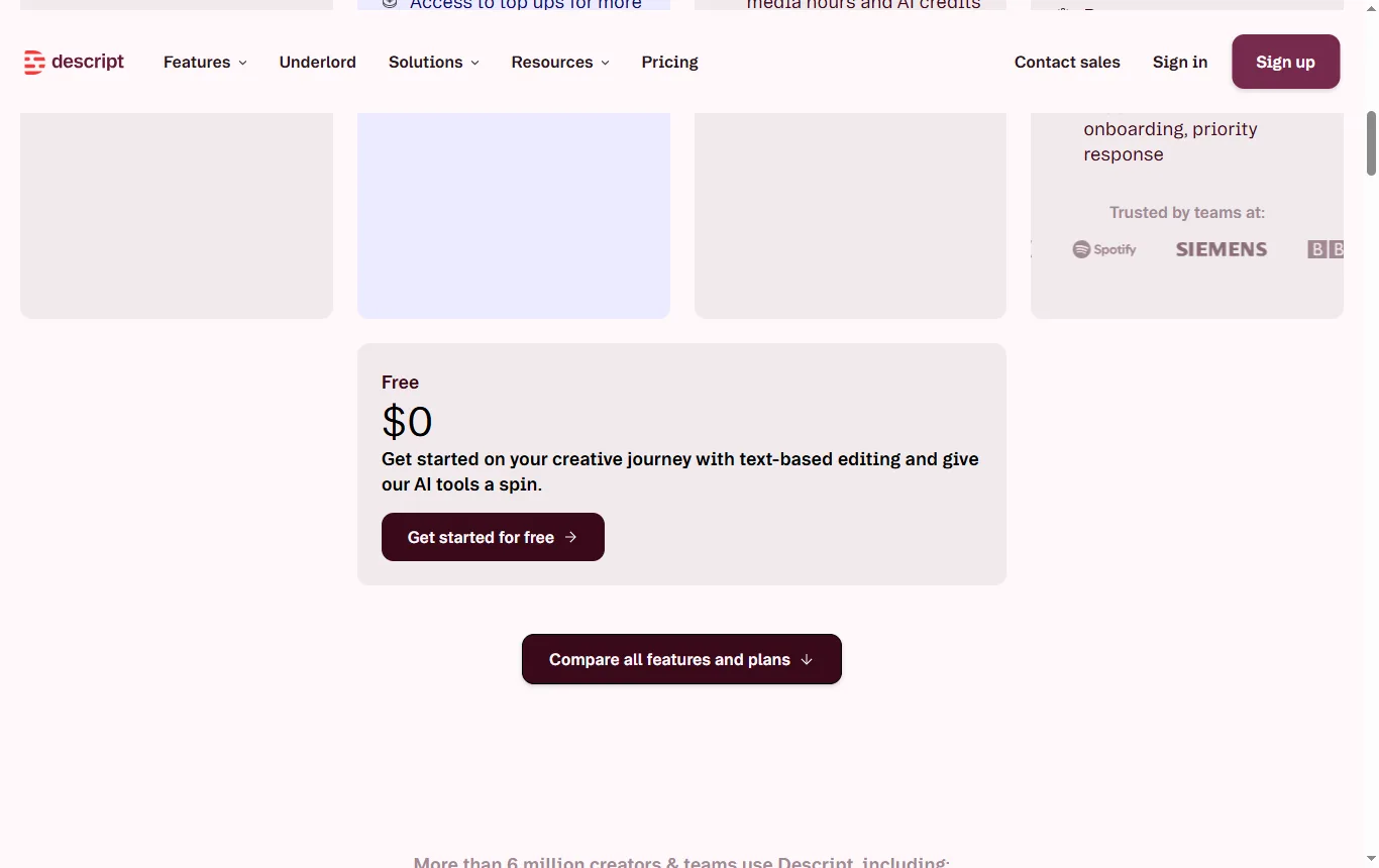 Capture de descript.com : page tarifs, colonne Free
