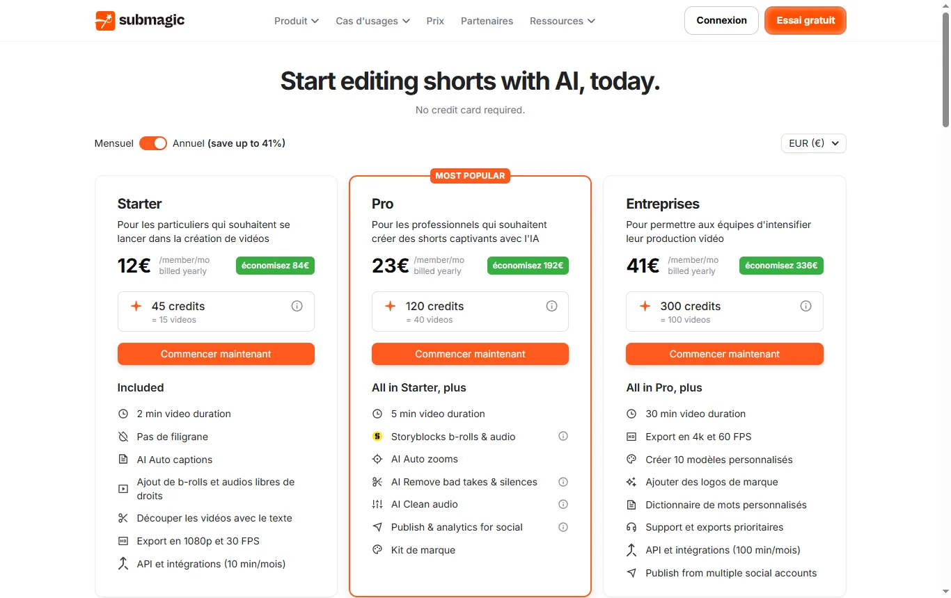 Capture de submagic.co : page tarifs