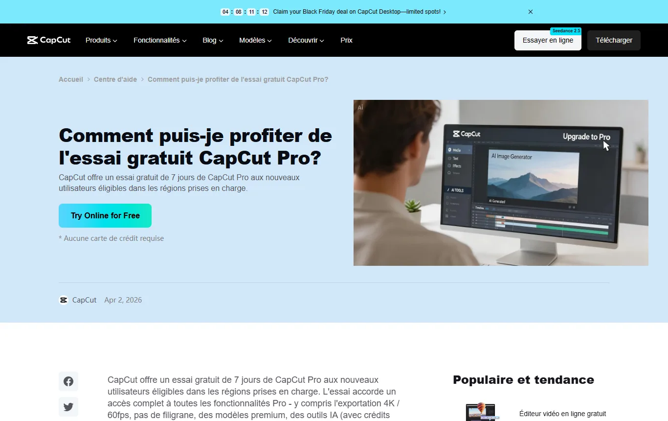 Capture de capcut.com : page d'aide de l'essai gratuit de Pro, conditions d'éligibilité et durée de 7 jours