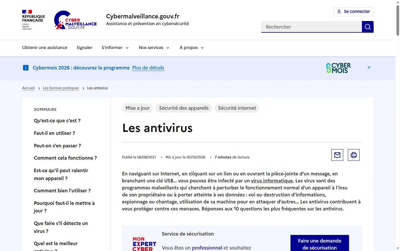 Capture de cybermalveillance.gouv.fr : page antivirus, conseil de télécharger uniquement depuis le site officiel de l'éditeur ou les boutiques officielles