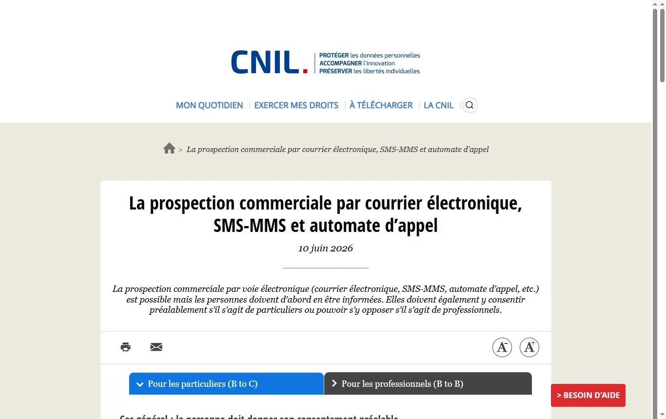 Capture de cnil.fr : page de la CNIL sur la prospection par e-mail