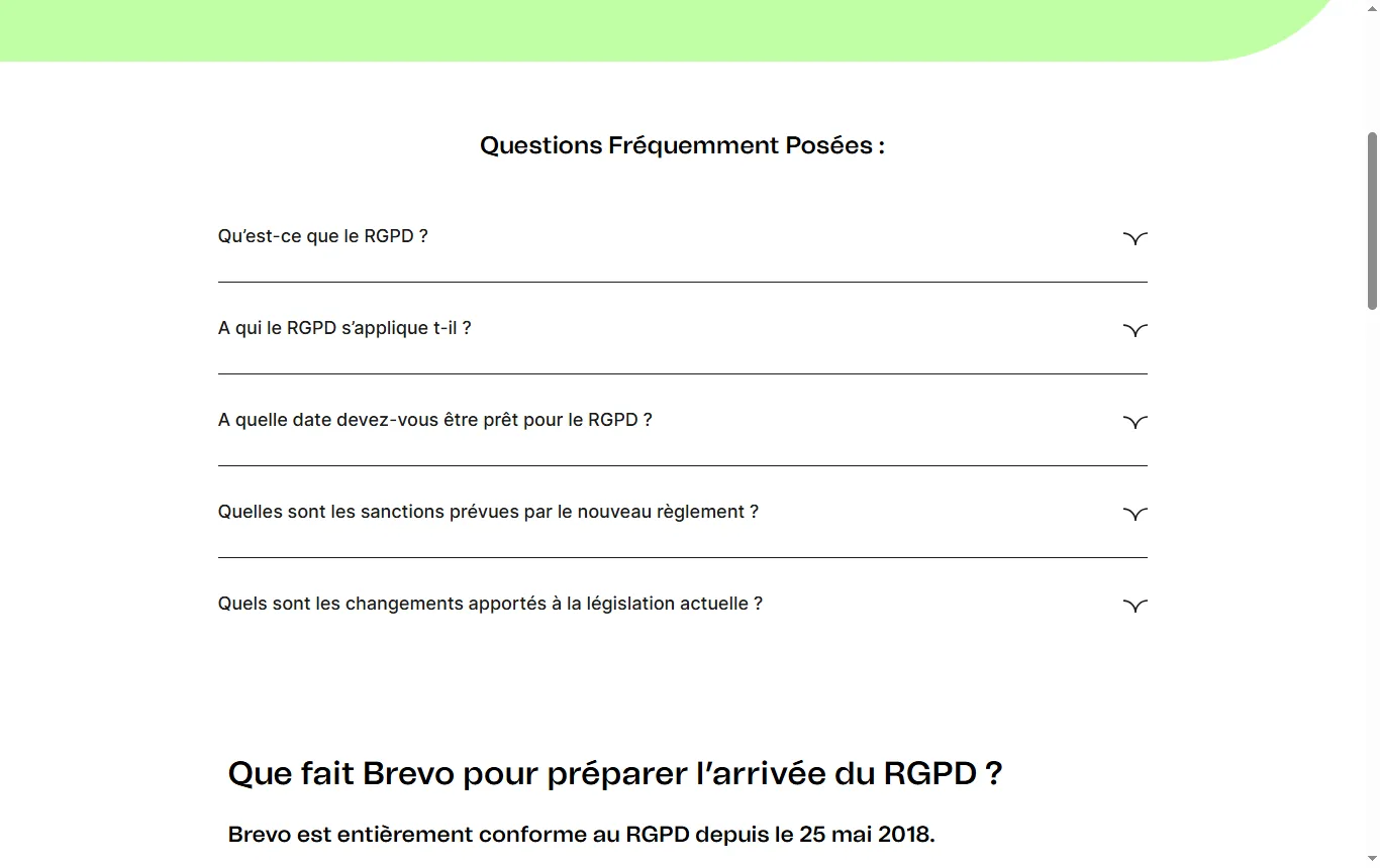 Capture de brevo.com : page de Brevo sur la conformité RGPD (brevo.com/fr/company/gdpr/), passage sur la conformité depuis le 25 mai 2018