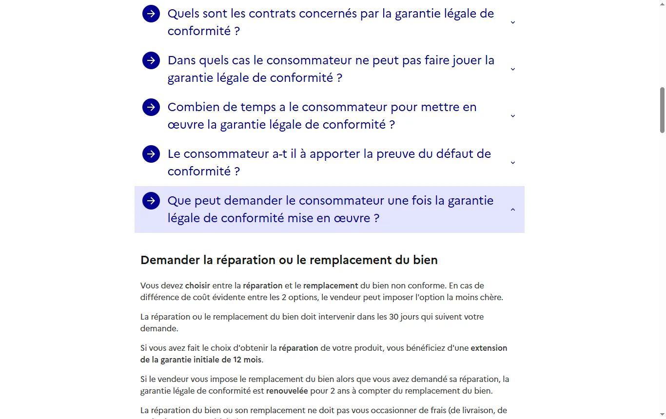 Capture de service-public.gouv.fr : fiche service-public.gouv.fr « Garantie légale de conformité pour un bien neuf » (vosdroits/F11094), passage sur les recours du consommateur
