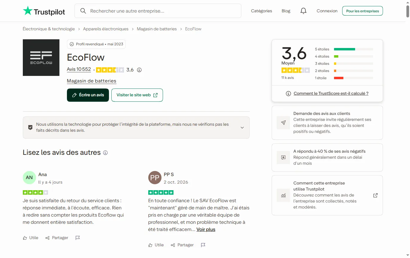 Capture de fr.trustpilot.com : page Trustpilot d'EcoFlow (fr.trustpilot.com/review/ecoflow.com), note globale et nombre d'avis