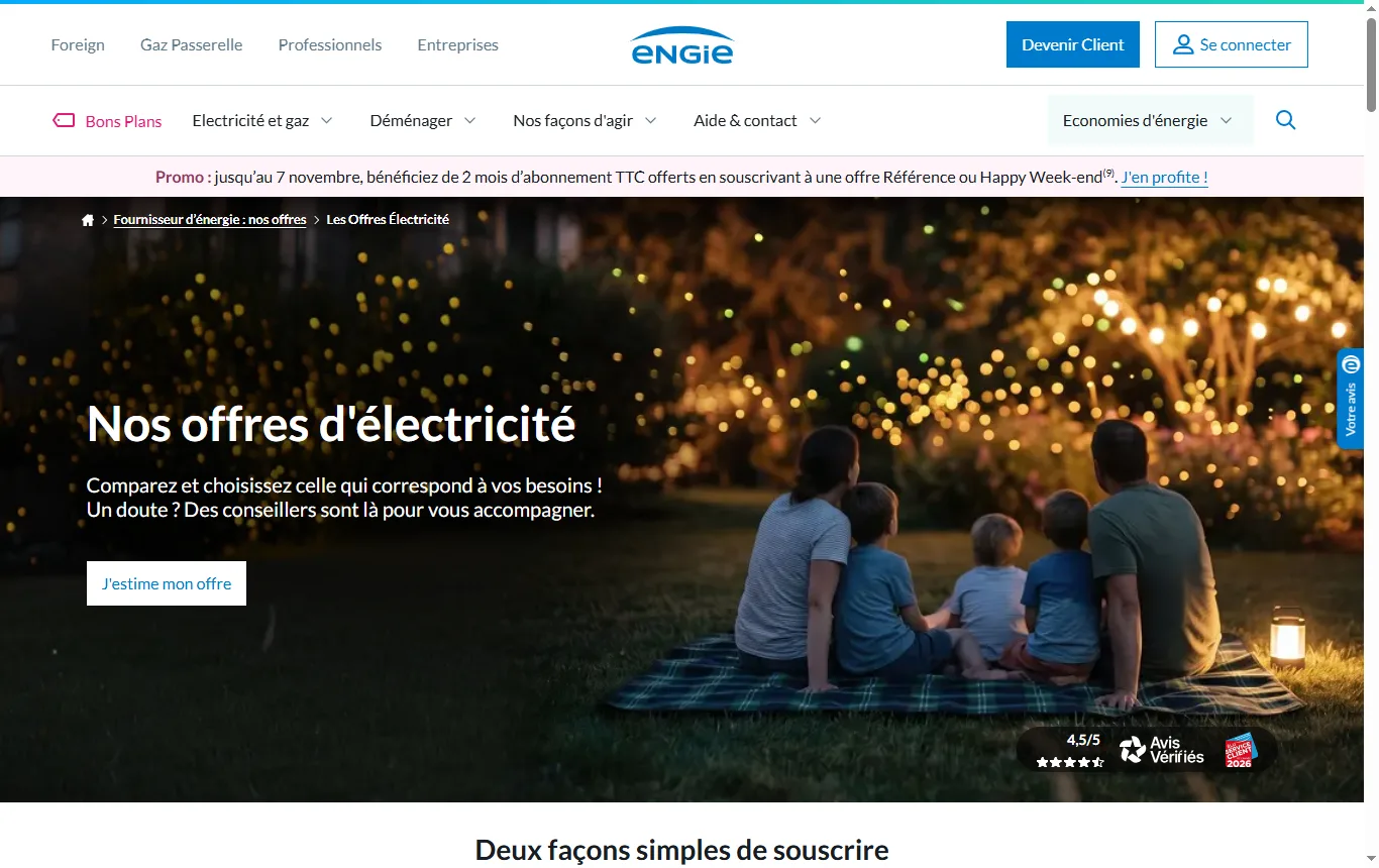 Capture de particuliers.engie.fr : section « Elec Référence 3 ans » de la page électricité de particuliers.engie.fr, avec les mentions sur la fourniture, l'acheminement et les obligations