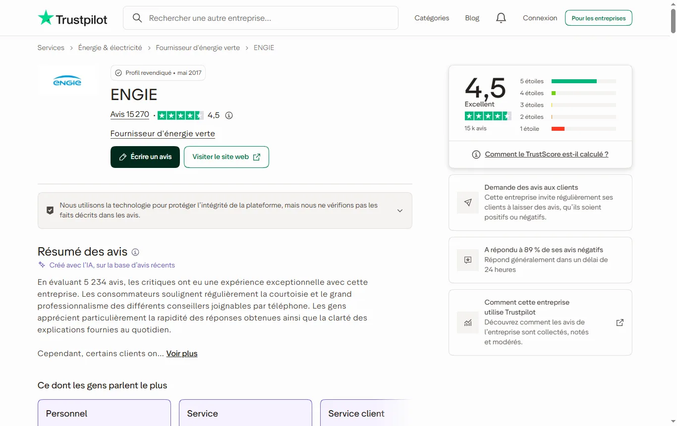 Capture de fr.trustpilot.com : page Trustpilot d'ENGIE avec la note et la date
