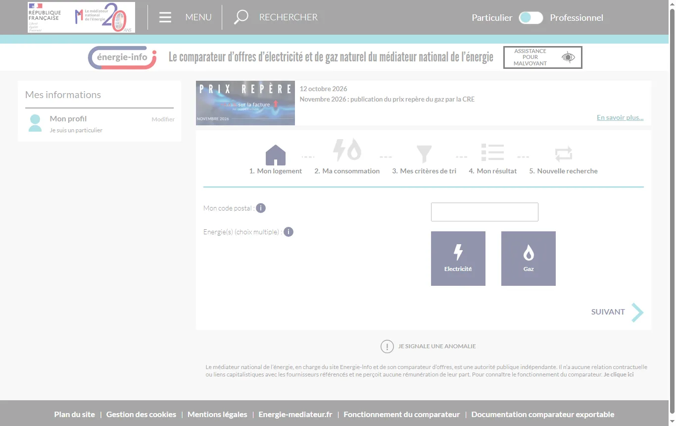 Capture de comparateur-offres.energie-info.fr : comparateur d'offres d'Énergie-Info, première étape de saisie (type de logement et code postal)