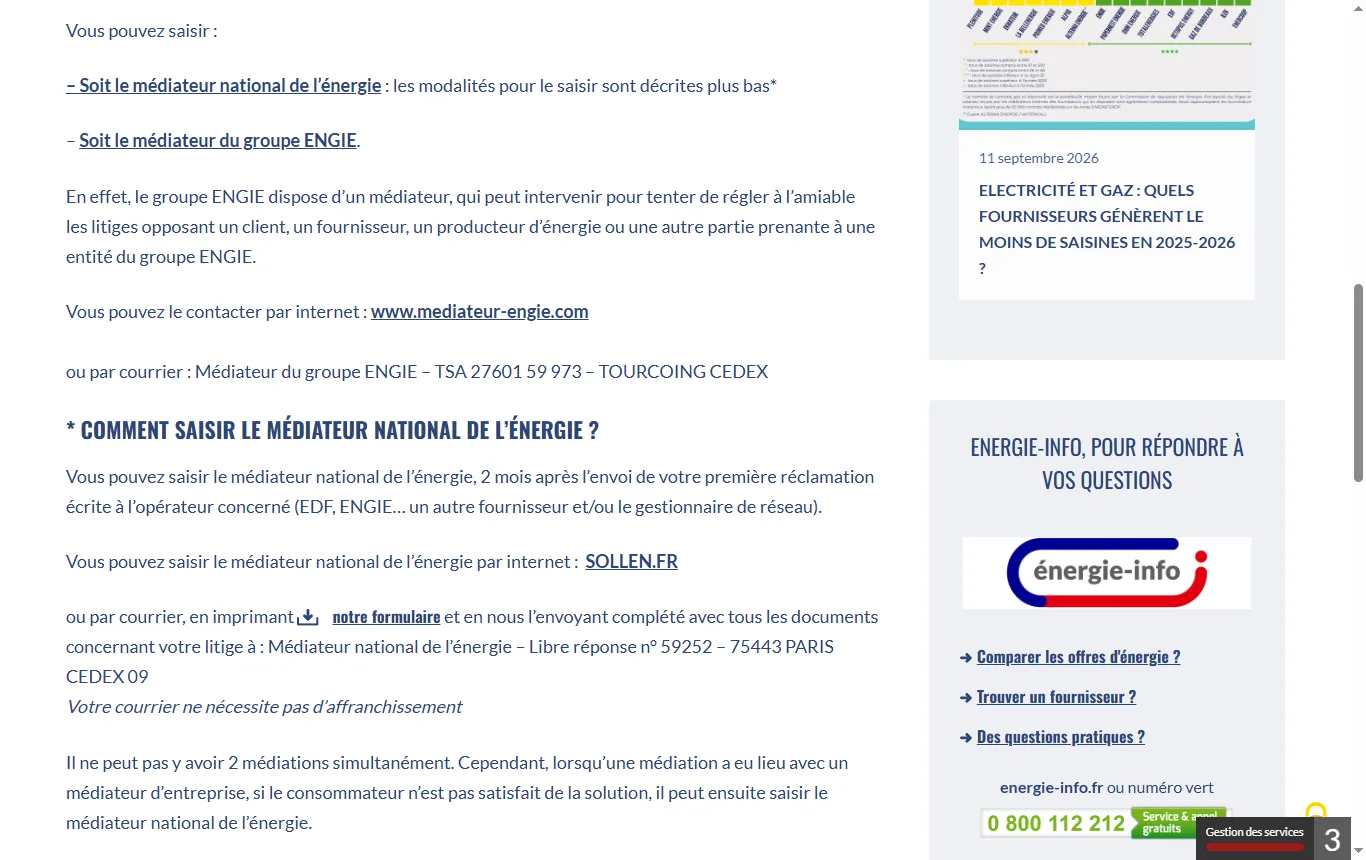 Capture de energie-mediateur.fr : page du Médiateur national de l'énergie sur la convention avec les médiateurs internes d'EDF et d'ENGIE, avec le délai de saisine de deux mois