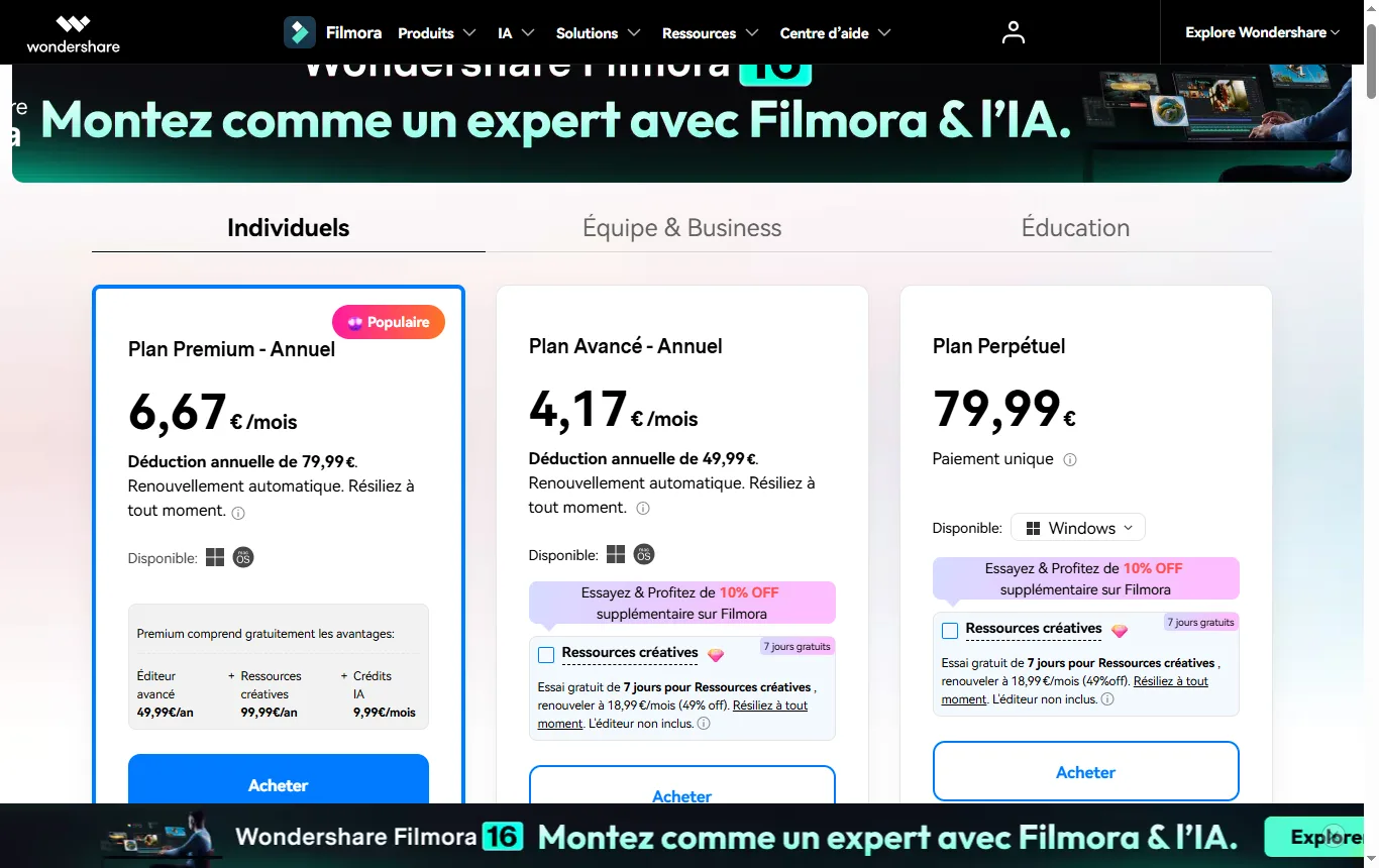 Capture de filmora.wondershare.fr : page d'achat des licences, choix entre abonnement annuel et licence perpétuelle