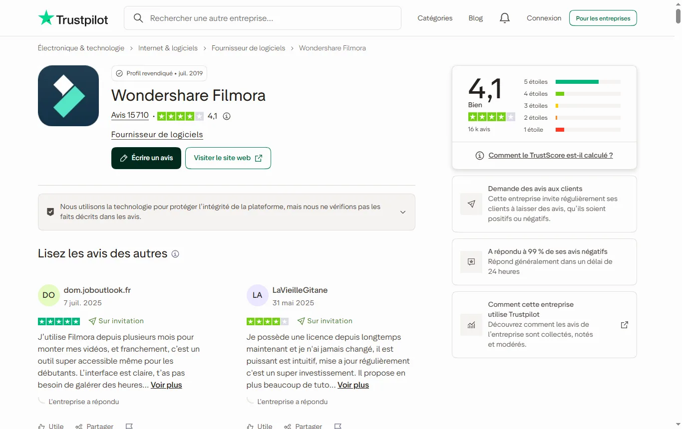 Capture de fr.trustpilot.com : page Trustpilot de l'éditeur (fr.trustpilot.com/review/filmora.wondershare.com), note globale et nombre d'avis