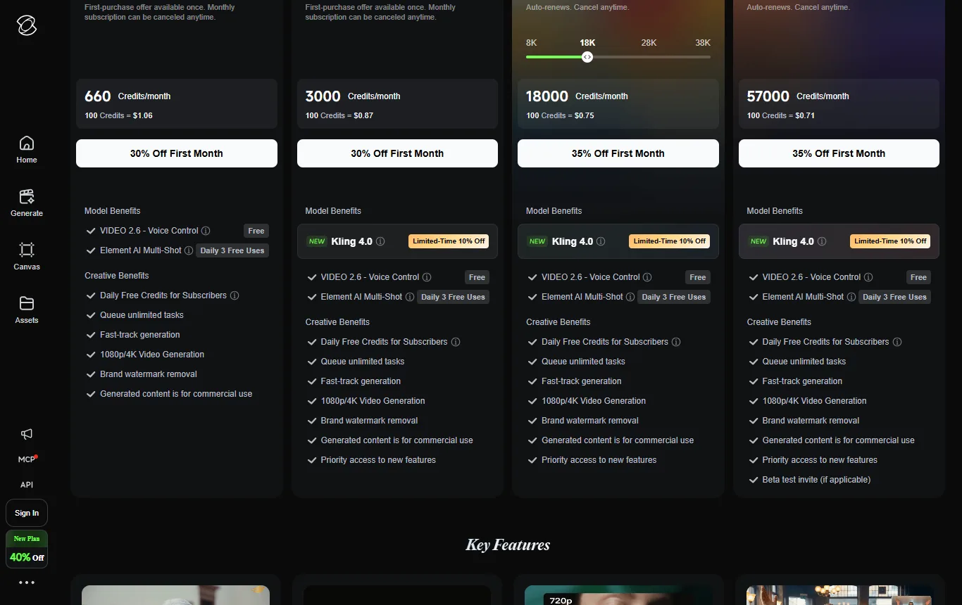 Capture de kling.ai : tableau comparatif des formules (kling.ai/app/membership/membership-plan), lignes « filigrane » et « usage commercial » pour Basic et Standard