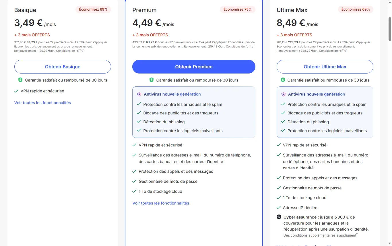 Capture de nordvpn.com : page tarifs officielle de NordVPN, avec la mention de garantie visible, datée