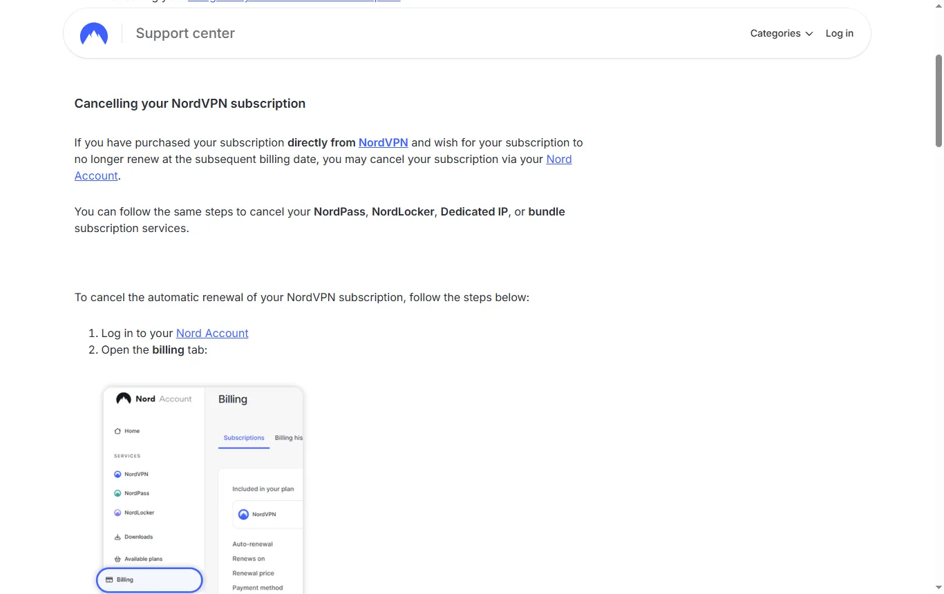 Capture de support.nordvpn.com : article d'aide officiel « How to cancel a subscription » (support.nordvpn.com), étapes d'annulation depuis le Nord Account