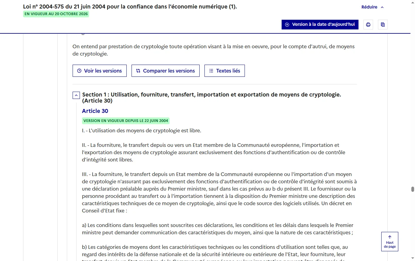 Capture de legifrance.gouv.fr : article 30, I, de la loi n° 2004-575 du 21 juin 2004, passage sur la liberté d'utilisation des moyens de cryptologie