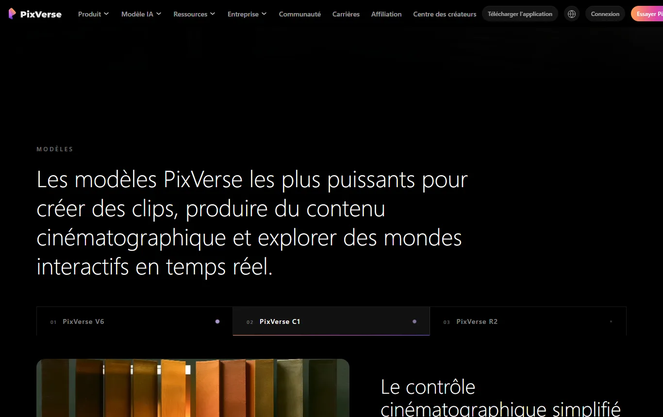 Capture de pixverse.ai : accueil, bloc qui présente PixVerse V6 et PixVerse R2