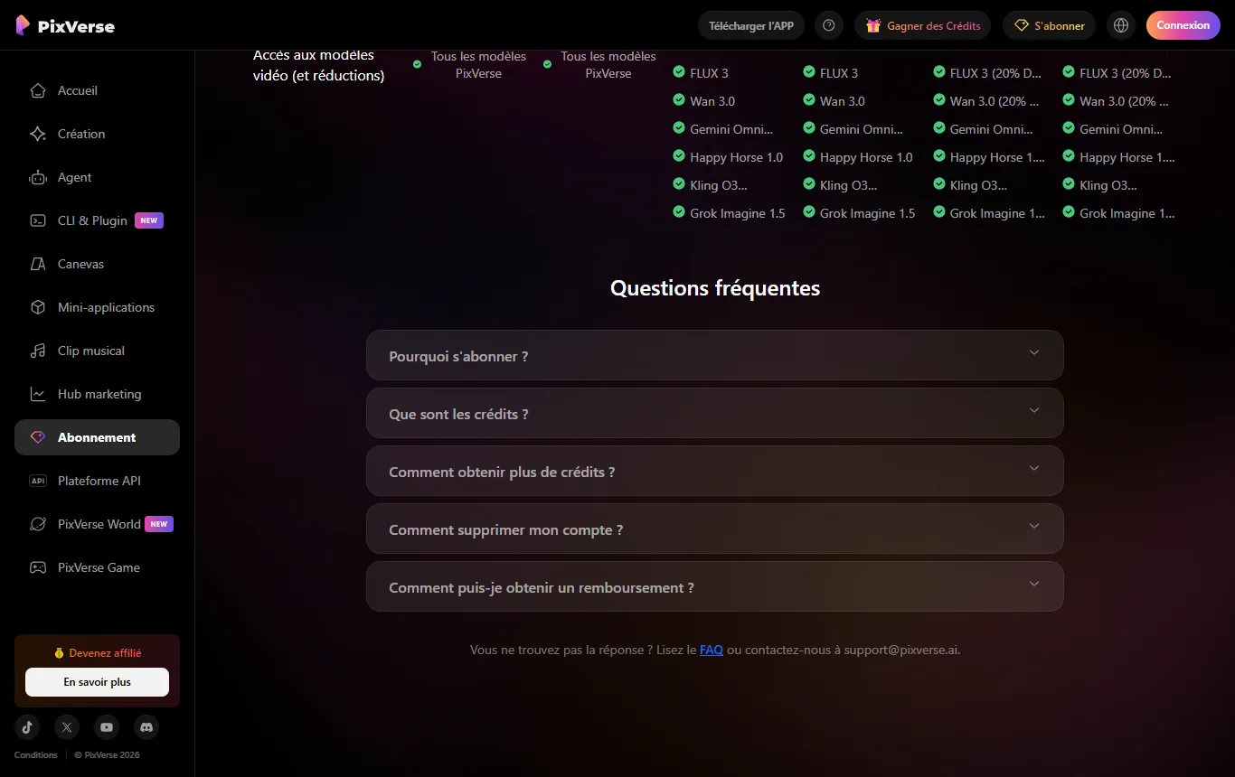 Capture de app.pixverse.ai : page d'abonnement, FAQ sur l'expiration des crédits et les remboursements