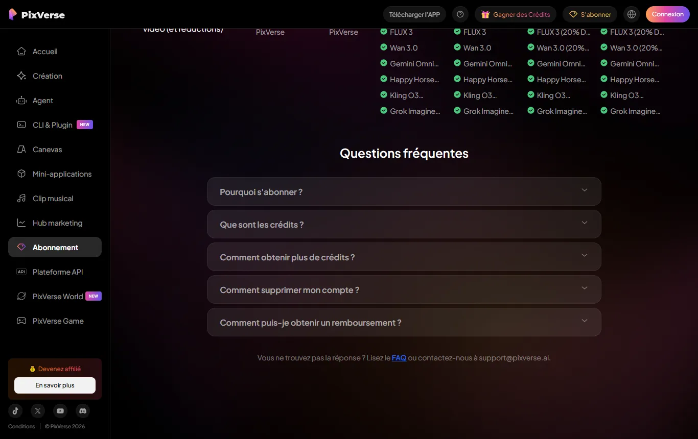 Capture de app.pixverse.ai : page des formules, FAQ sur les crédits gratuits mensuels des non-abonnés