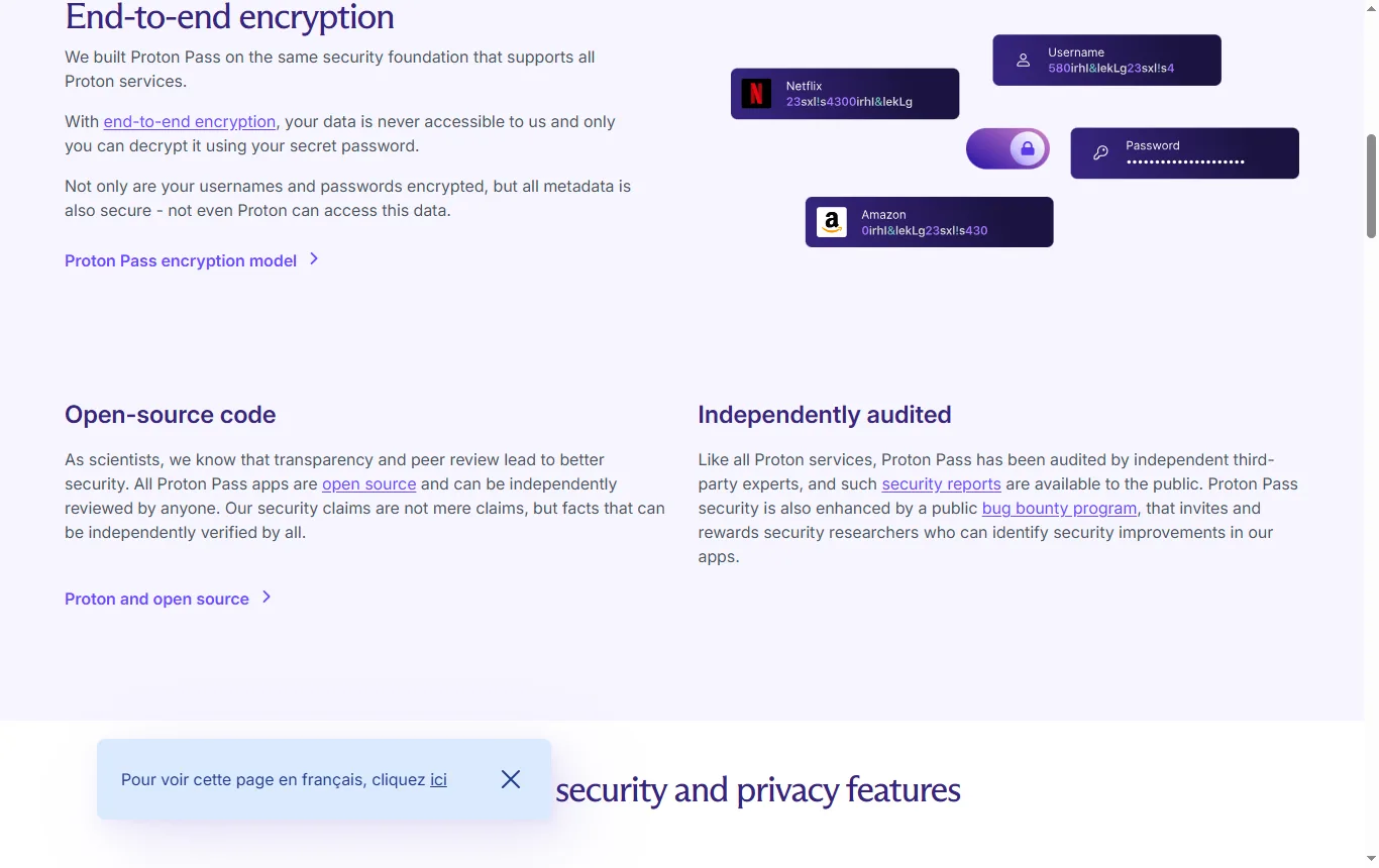 Capture de proton.me : page proton.me/pass/security, section sur le code ouvert, les audits et le programme de bug bounty