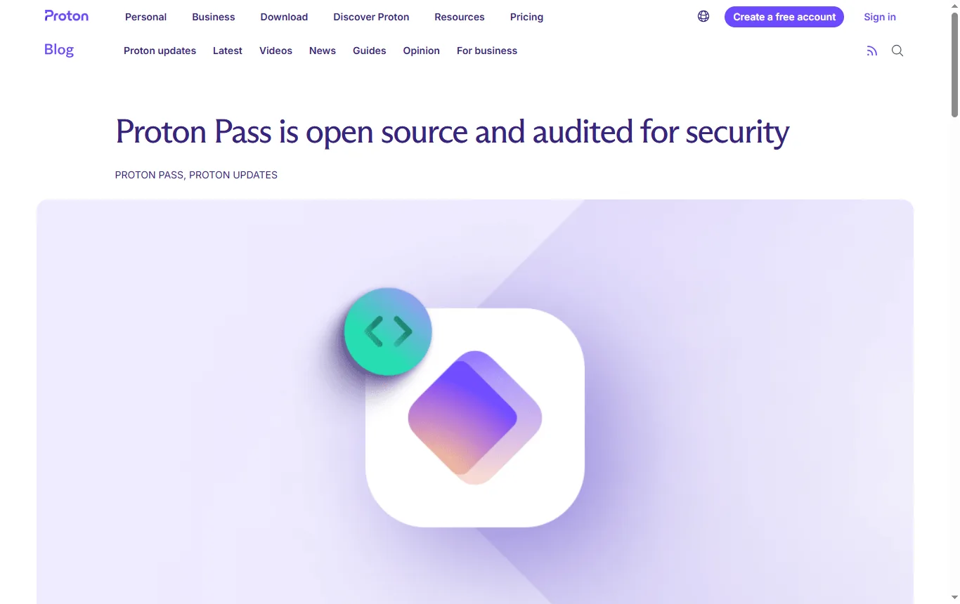 Capture de proton.me : article « Proton Pass open source security audit » (proton.me/blog/pass-open-source-security-audit), passage décrivant l'audit de Cure53 et le périmètre examiné