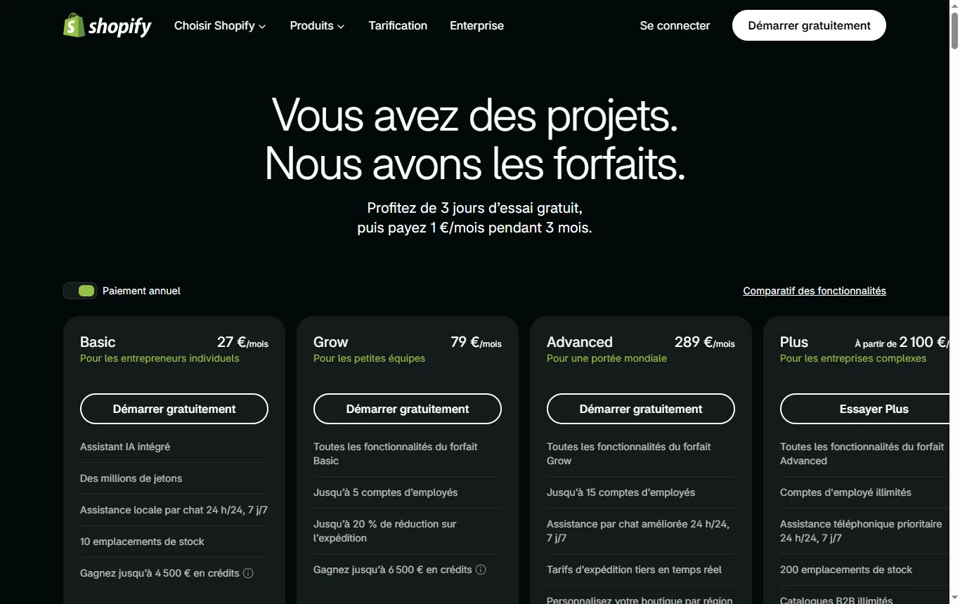 Capture de shopify.com : page tarifs officielle Shopify, datée, section comparaison des formules