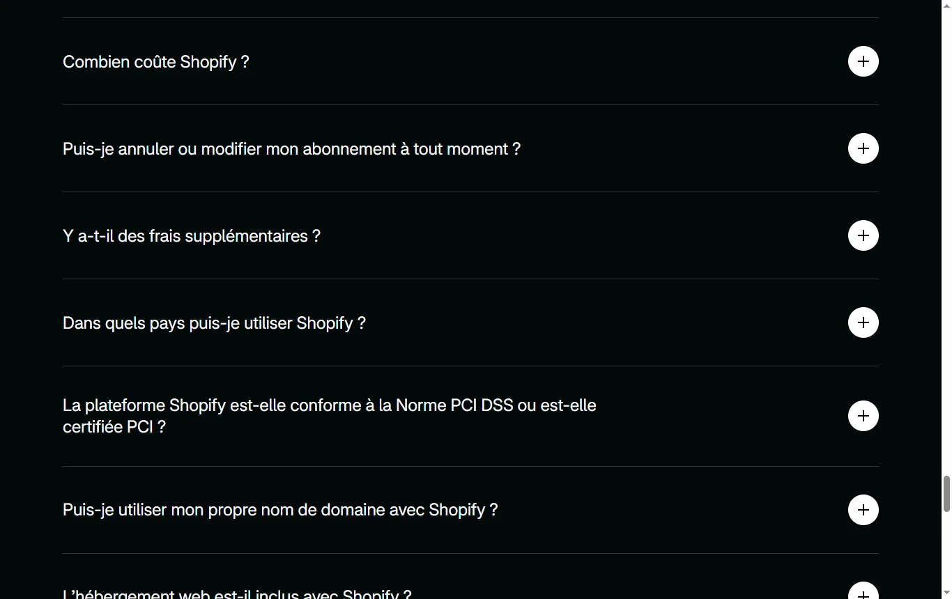 Capture de shopify.com : section frais de la page tarifs