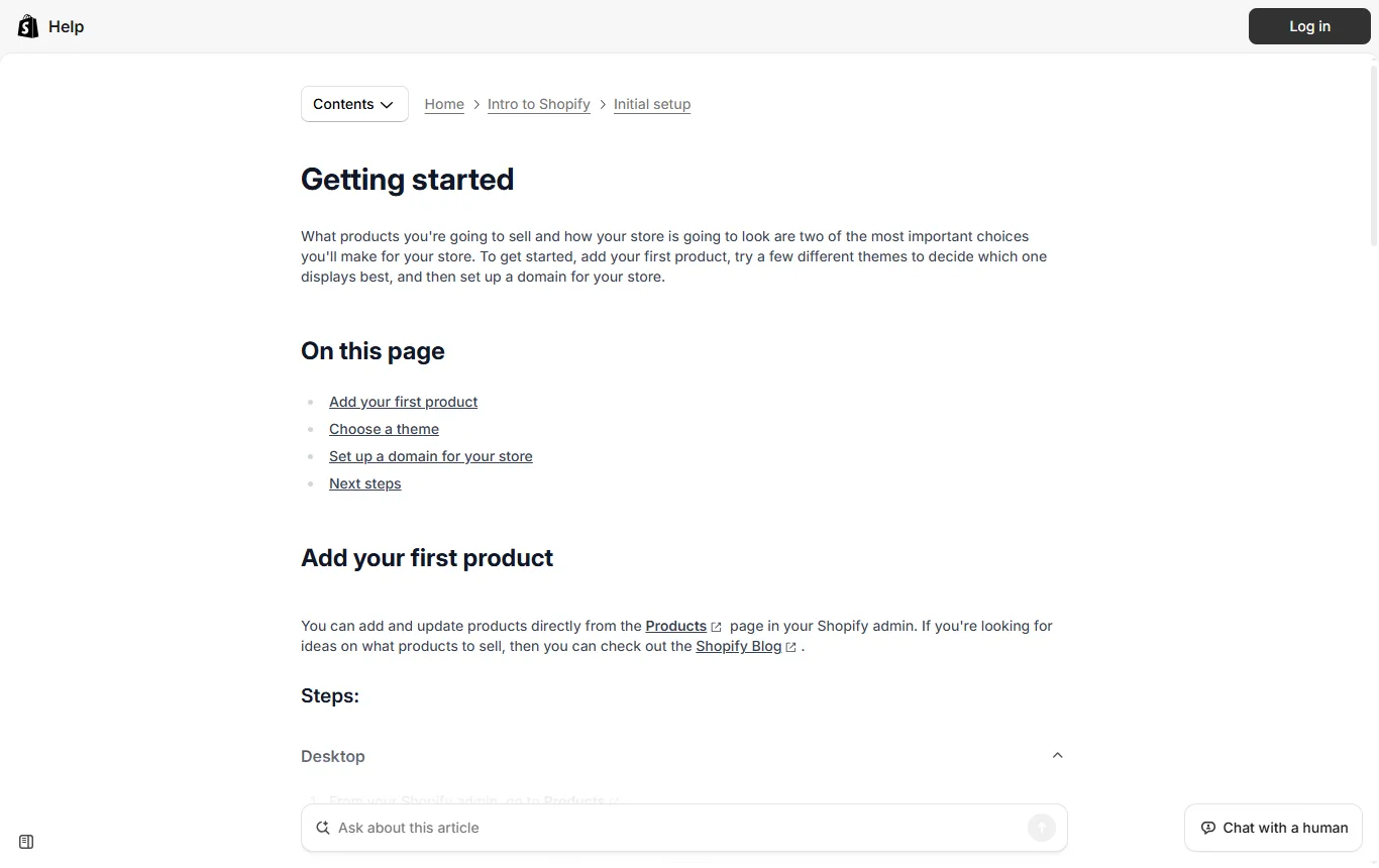 Capture de help.shopify.com : centre d'aide, article « Getting started », liste des étapes pour démarrer (produit, thème, domaine)