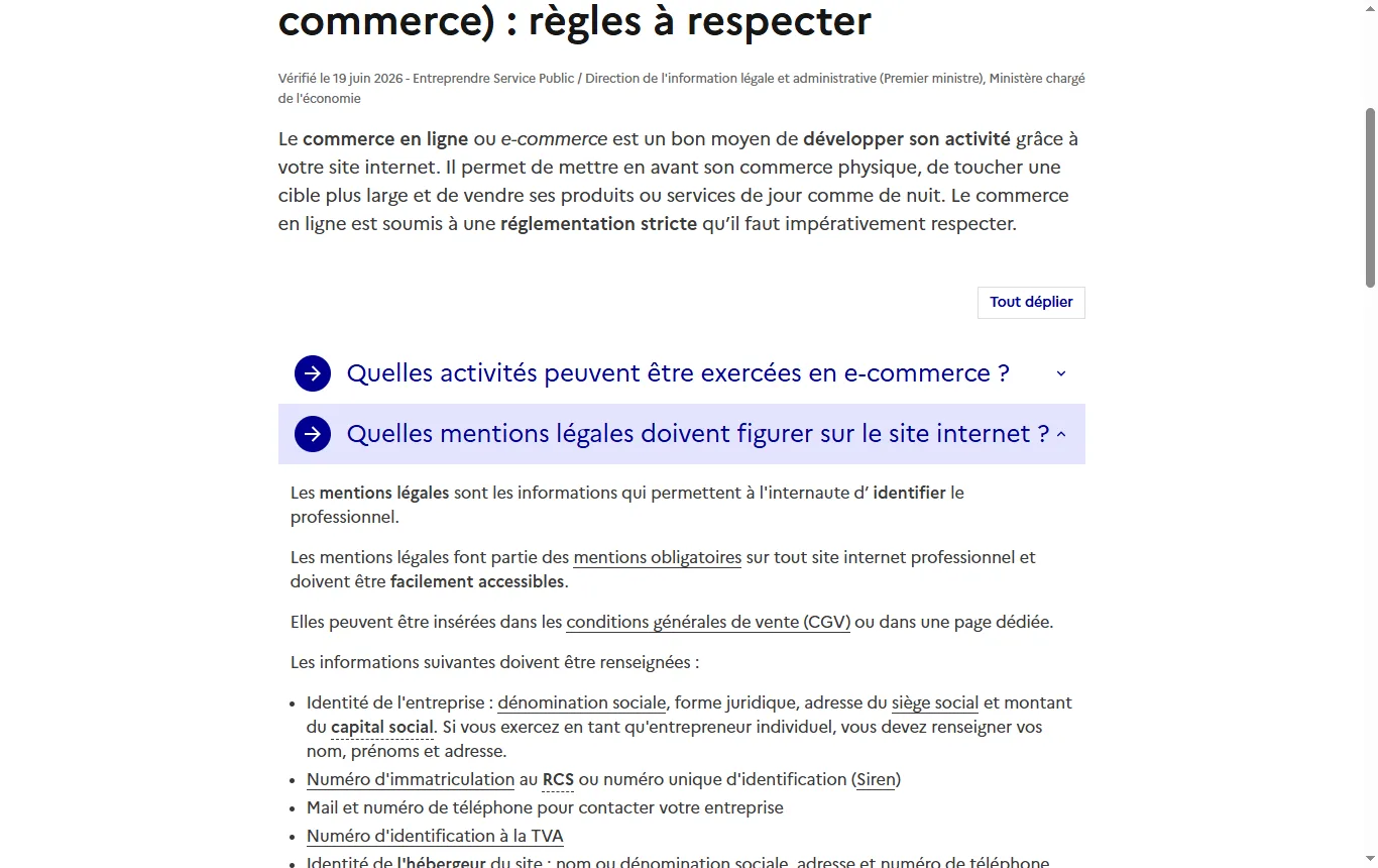 Capture de entreprendre.service-public.gouv.fr : fiche « Faire du commerce en ligne (e-commerce) : règles à respecter », rubrique mentions légales et sanctions