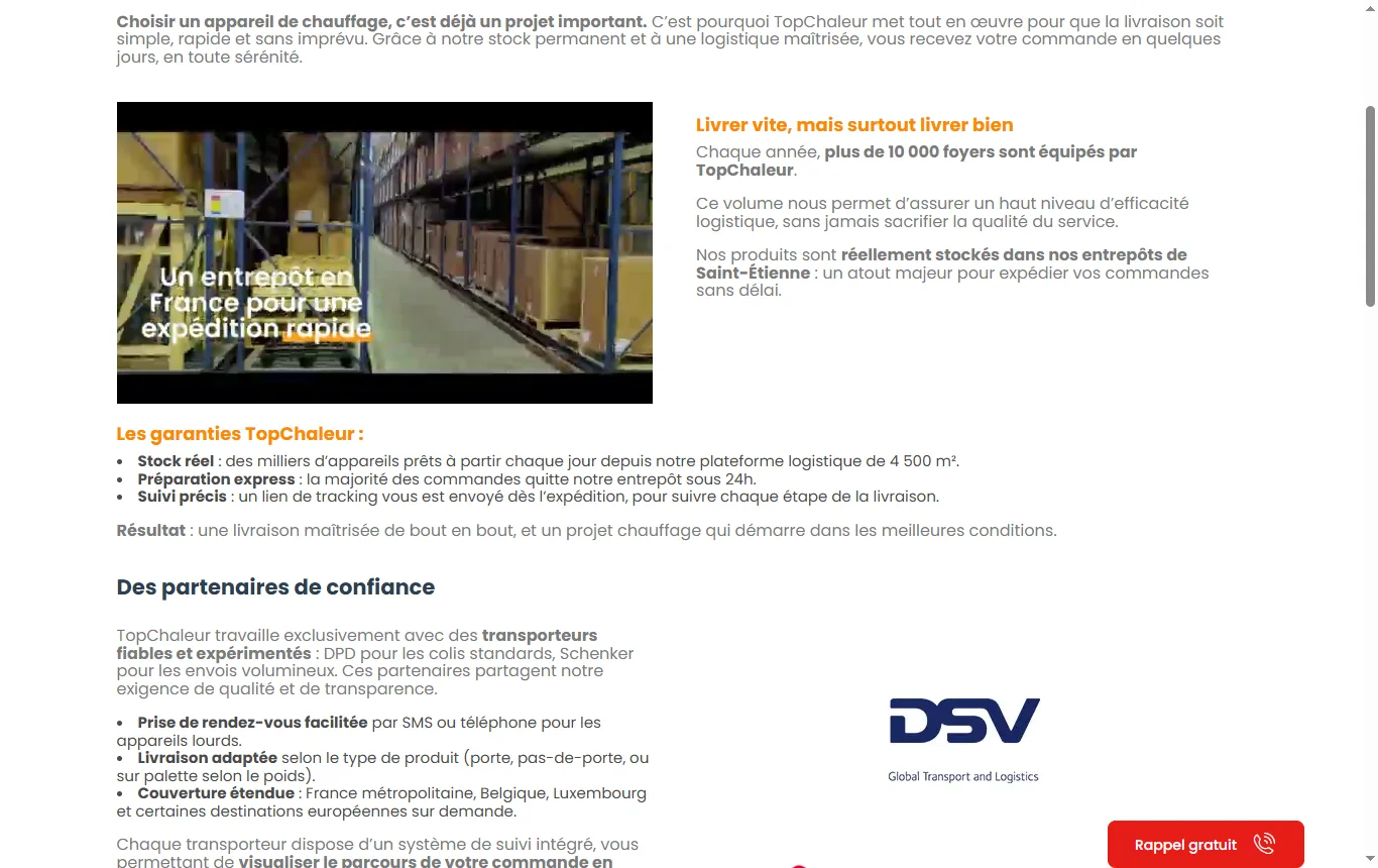 Capture de topchaleur.com : page « Livraison rapide » de topchaleur.com, avec le stock annoncé, les délais et les transporteurs