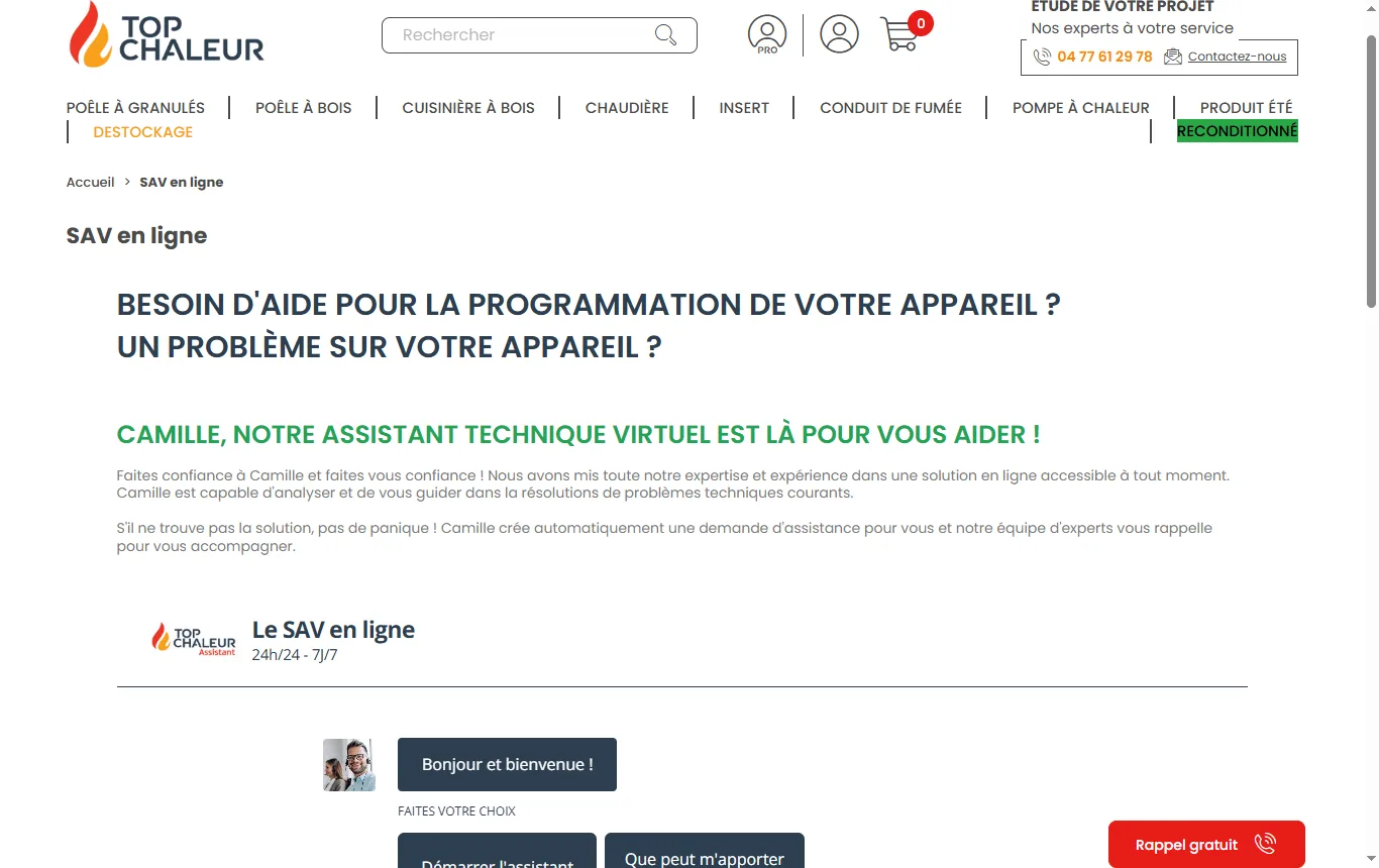 Capture de topchaleur.com : page « SAV en ligne » de topchaleur.com, avec l'assistant technique et la mention de la garantie fabricant