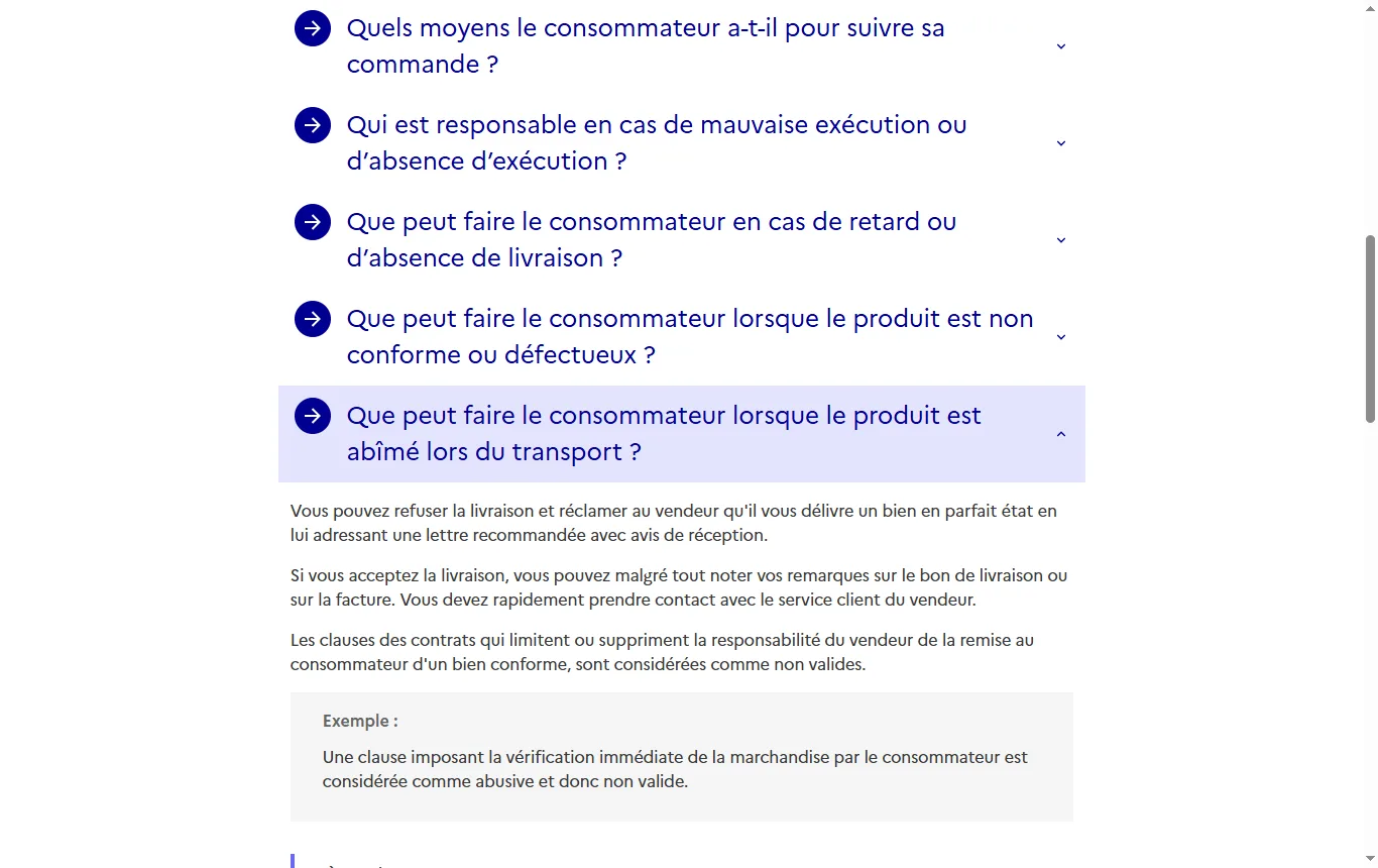 Capture de service-public.gouv.fr : fiche service-public « Achat à distance : livraison du bien ou exécution de la prestation », passage sur les colis abîmés et les délais