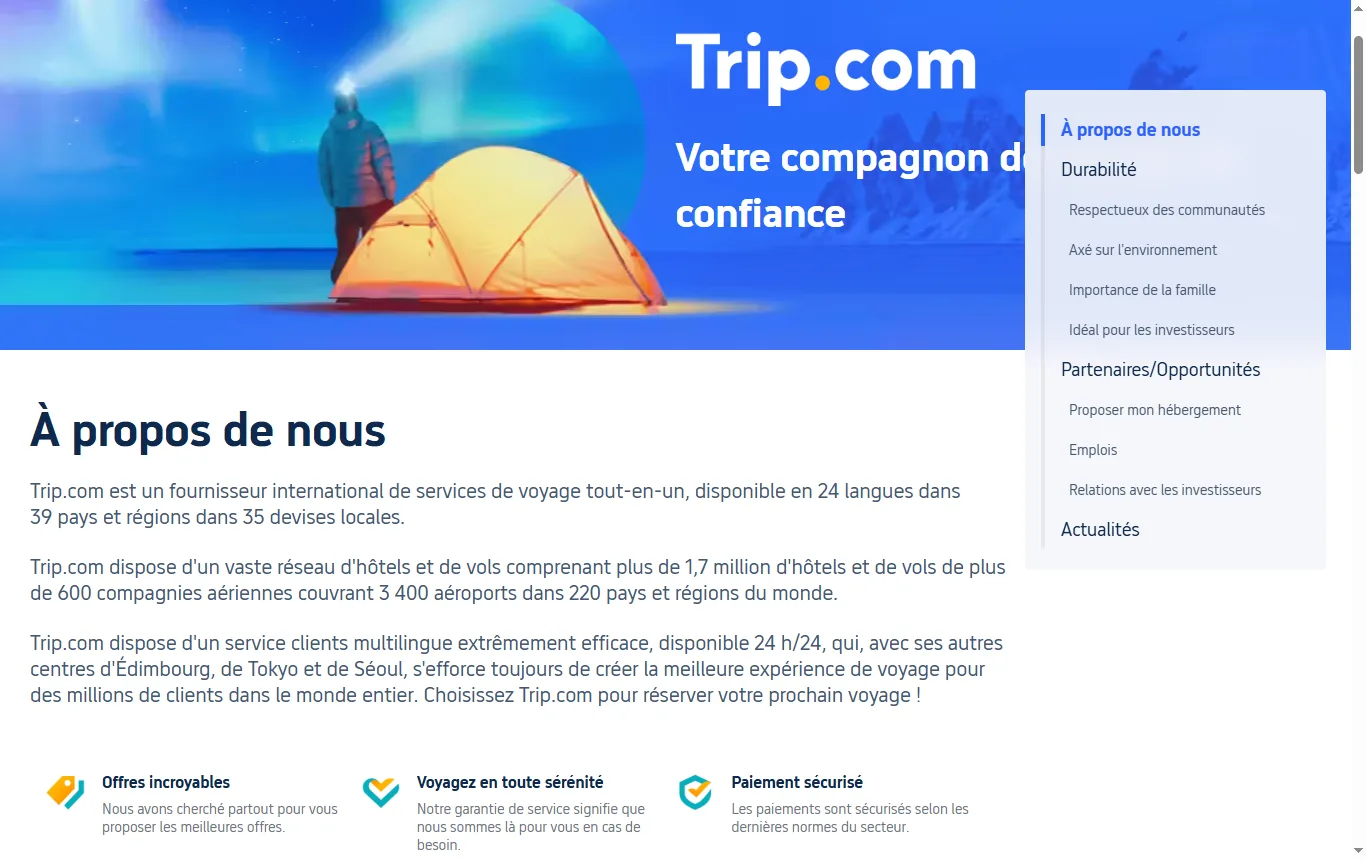 Capture de fr.trip.com : page « À propos de nous » de Trip.com, présentation du groupe et sélecteur de langue