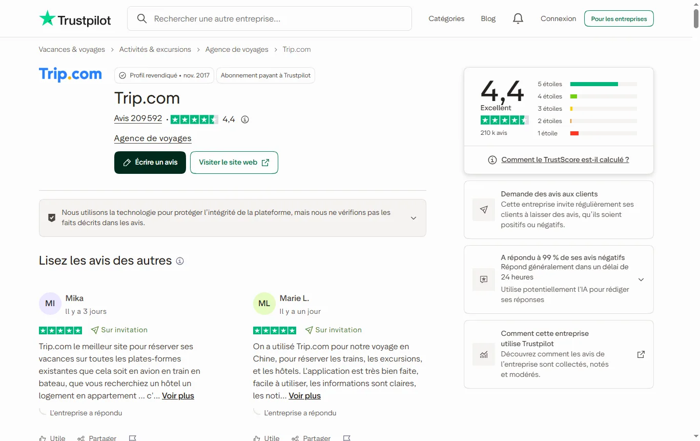 Capture de fr.trustpilot.com : page Trustpilot de Trip.com avec la note et le nombre d'avis, datée du jour du relevé
