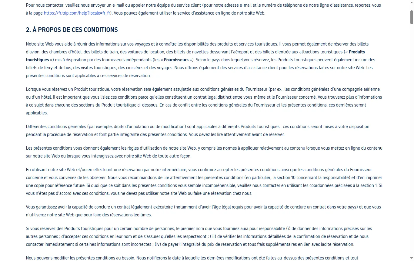 Capture de fr.trip.com : page des conditions générales de Trip.com, section sur les annulations et modifications