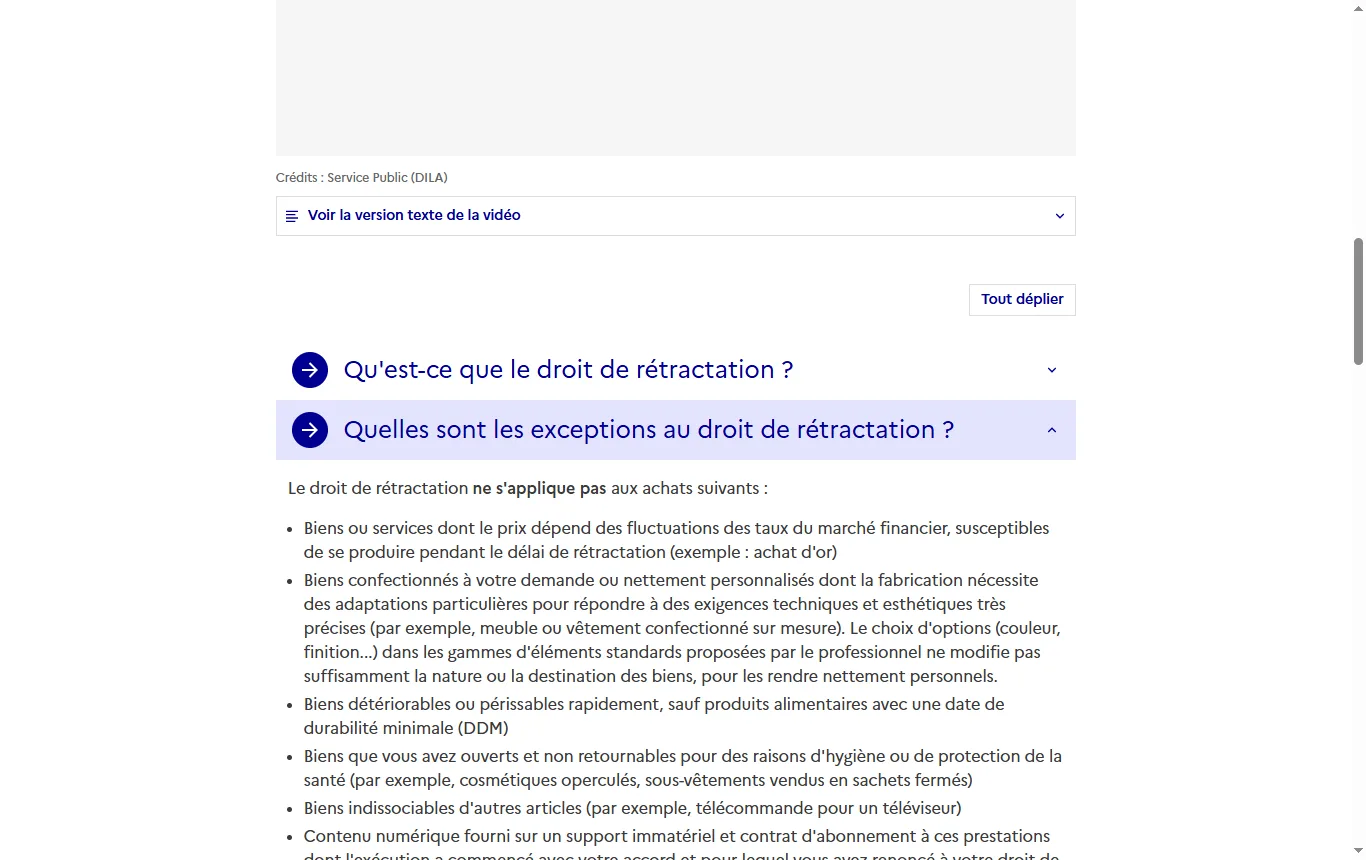Capture de service-public.gouv.fr : fiche « Achat à distance : droit de rétractation du consommateur », paragraphe sur les prestations exclues du droit de rétractation (hébergement, transport de personnes)