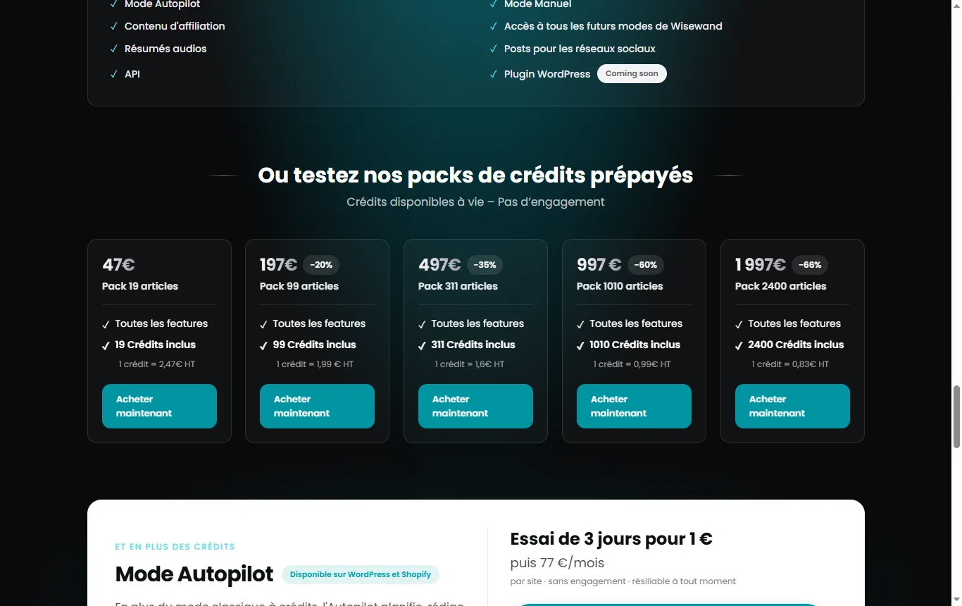 Capture de wisewand.ai : page wisewand.ai/produit/, section tarifs avec les abonnements Starter à Max, les packs de crédits et l'offre Autopilot avec son bouton d'essai de 3 jours