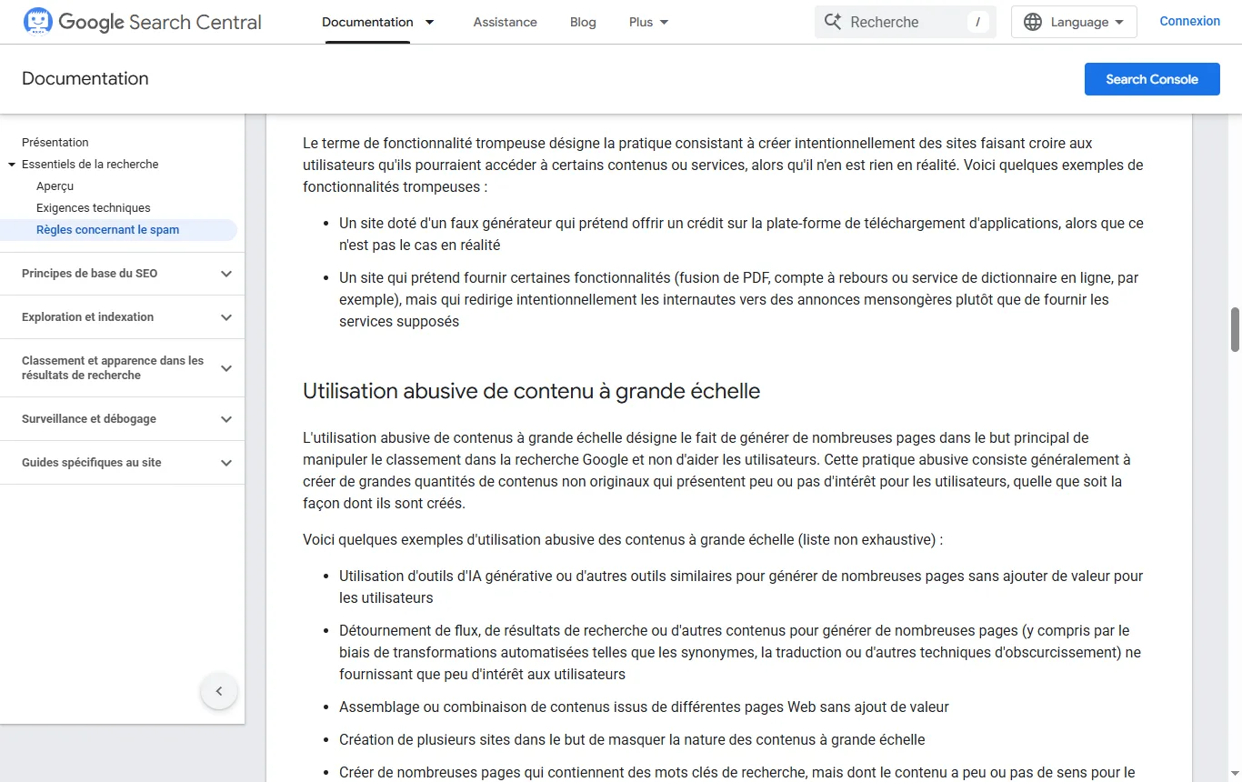 Capture de developers.google.com : page des politiques de spam (developers.google.com/search/docs/essentials/spam-policies), section « Abus de contenu à grande échelle » et exemples de génération par IA