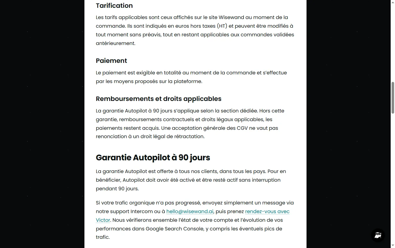 Capture de wisewand.ai : conditions générales de vente (wisewand.ai/cgu/), passage décrivant la garantie à 90 jours de l'offre Autopilot et ses conditions