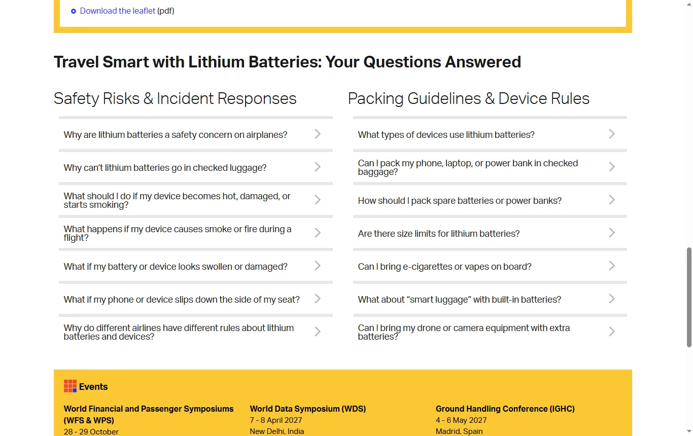 Capture de iata.org : page « Safe Travel with Lithium Batteries » (iata.org/en/youandiata/travelers/batteries/), question sur les limites de taille des batteries au lithium (100 Wh, 100 à 160 Wh, plus de 160 Wh)