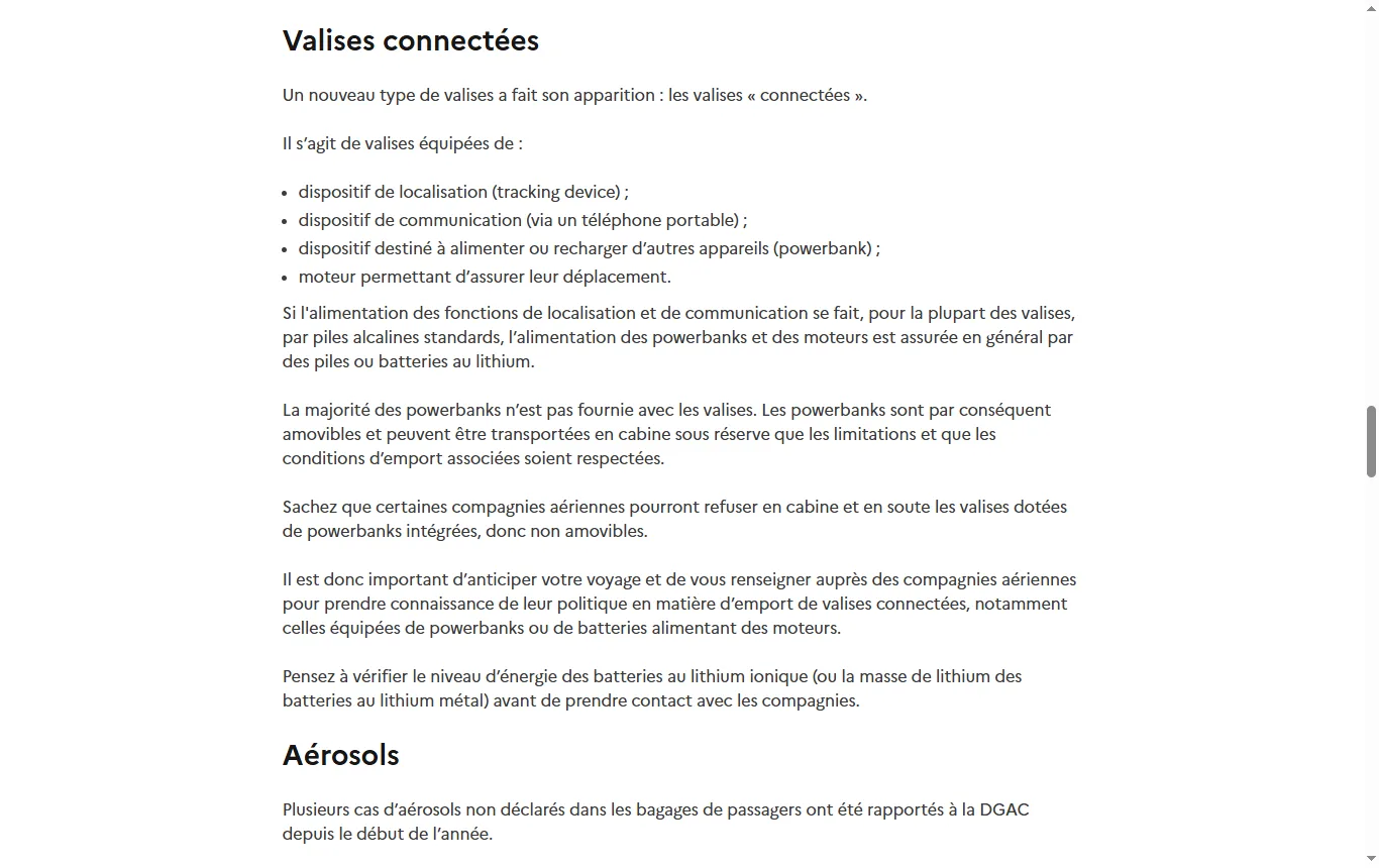 Capture de ecologie.gouv.fr : page « Articles réglementés ou interdits en avion et en hélicoptère » (ecologie.gouv.fr/politiques-publiques/articles-reglementes-interdits-avion-helicoptere), passage sur les powerbanks et les batteries au lithium de rechange