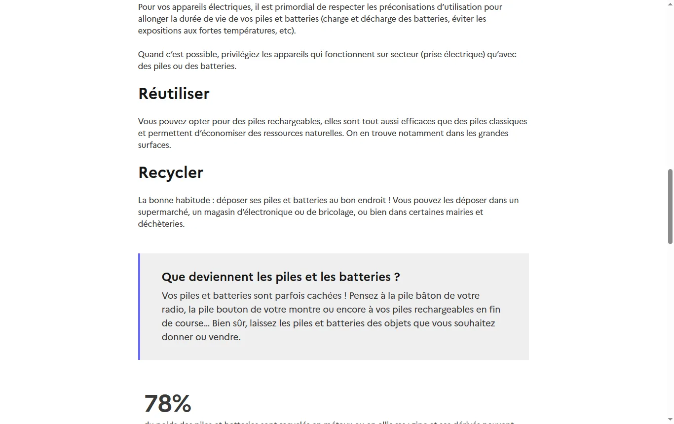 Capture de ecologie.gouv.fr : page « Je veux savoir que faire de mes piles et batteries » (ecologie.gouv.fr/je-veux-savoir-faire-mes-piles-et-batteries), paragraphe sur les lieux de dépôt