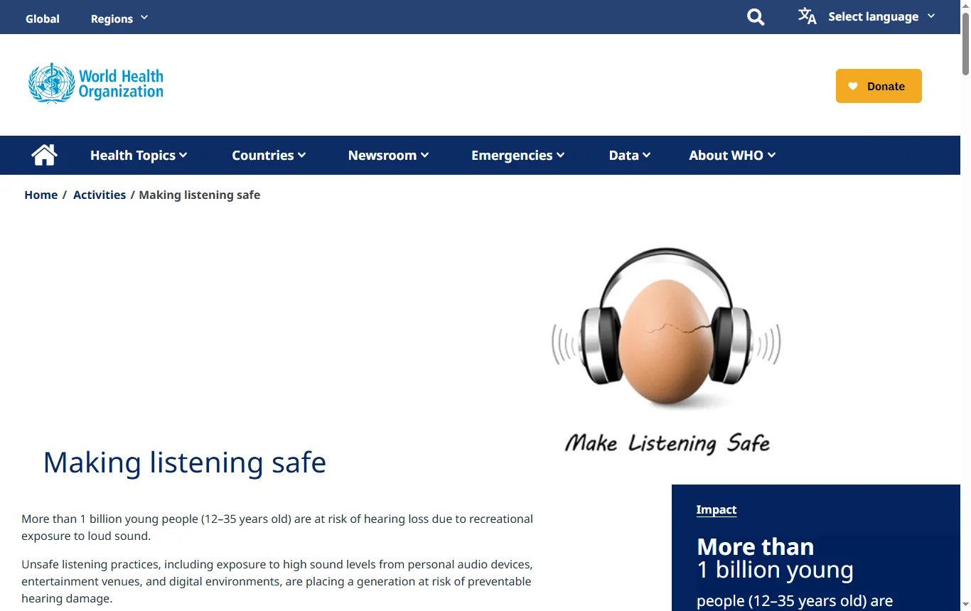 Capture de who.int : page « Make listening safe » (who.int/activities/making-listening-safe), encadré sur les normes OMS-UIT pour les appareils d'écoute
