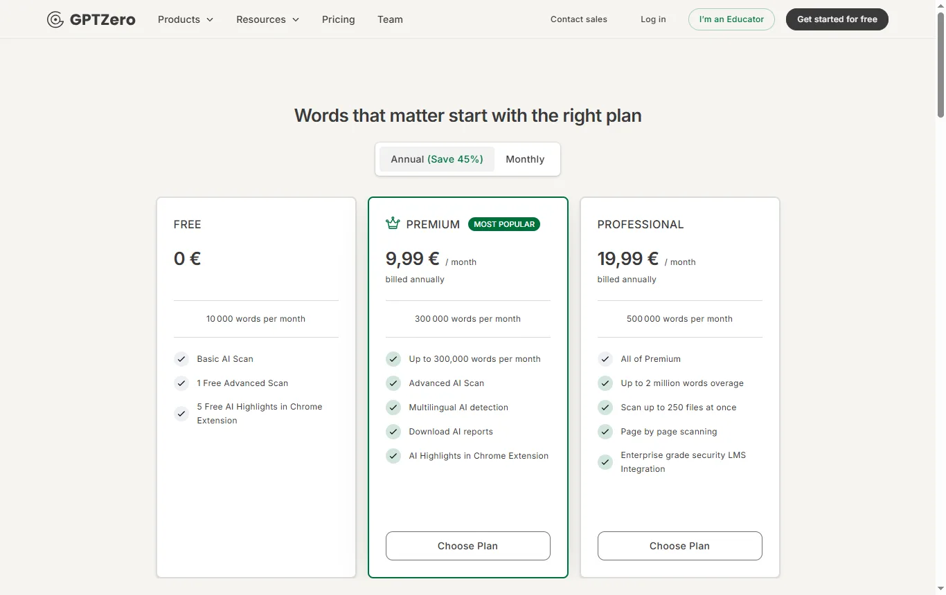 Capture de gptzero.me : page tarifs (gptzero.me/pricing), comparaison des formules, datée