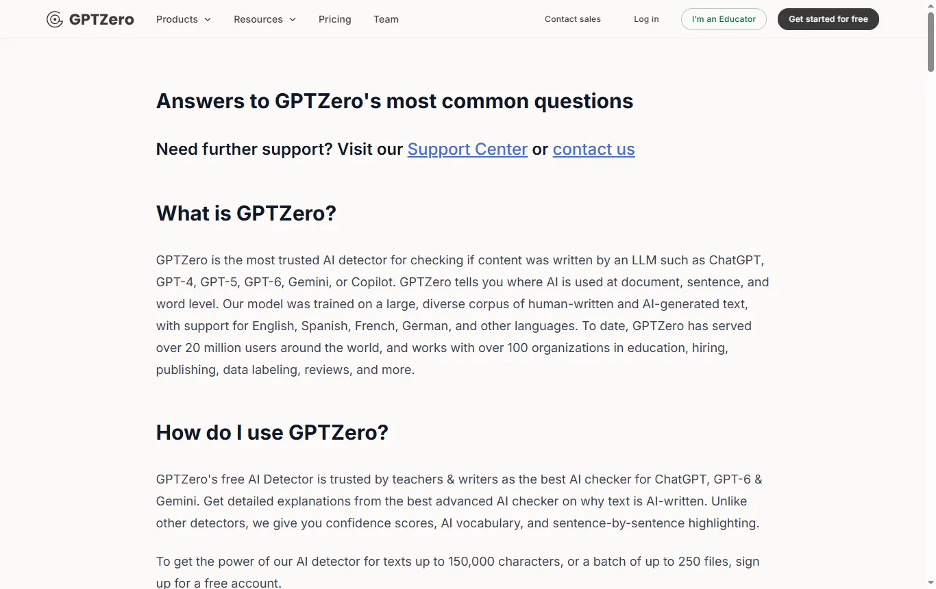 Capture de gptzero.me : FAQ officielle (gptzero.me/faq), passage sur l'interprétation des résultats et la mise en garde contre l'usage punitif