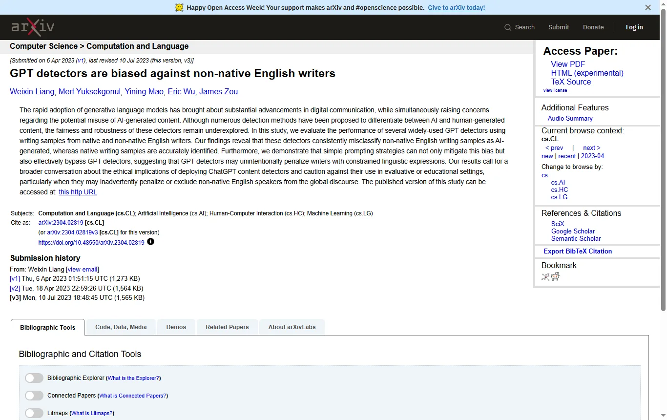 Capture de arxiv.org : page de l'article « GPT detectors are biased against non-native English writers » (arxiv.org/abs/2304.02819), résumé et auteurs