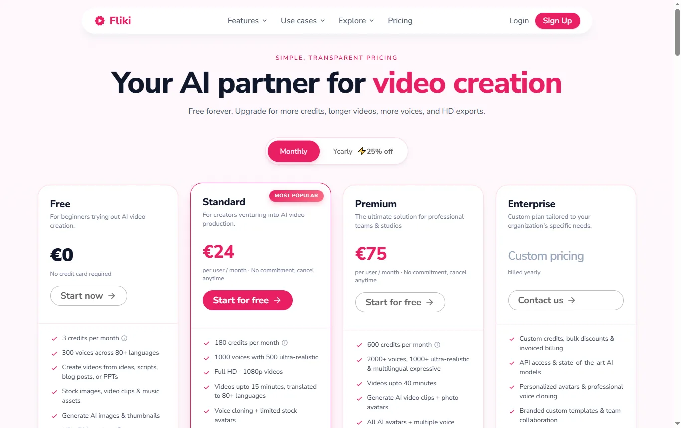 Capture de fliki.ai : page tarifs, ligne formule gratuite