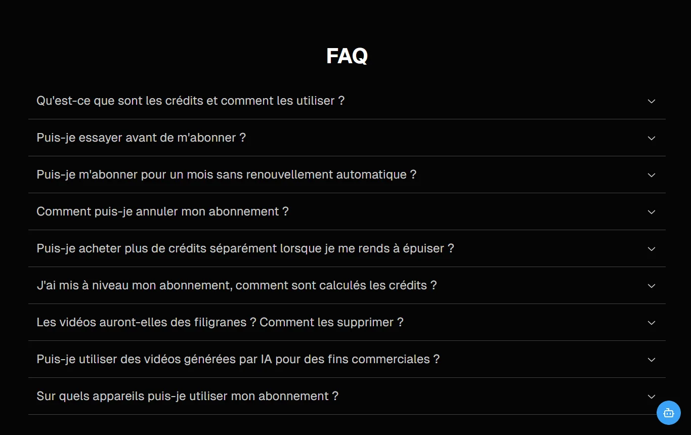 Capture de deevid.ai : page tarifs / FAQ